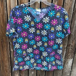 Minions Scrub Shirt Top Large Ladies Daisy Flowers Nice Day Colorful Nurse CNA